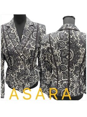 Asara Black/Cream Print Cotton Stretch One Button Short Fitted Blazer (8)